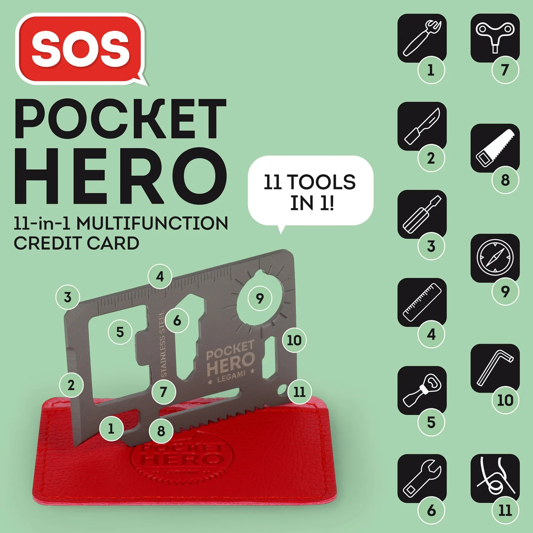 Carte multifonction en acier 11 en 1 - SOS Pocket Hero
