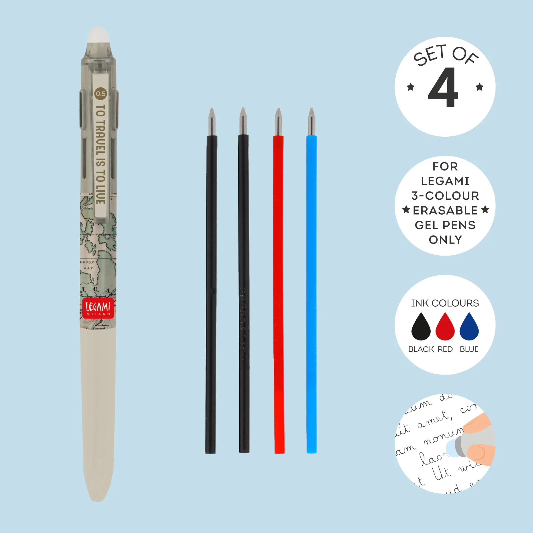 Set de 4 Recharges pour Stylo à Encre Gel Effaçable 3 Couleurs