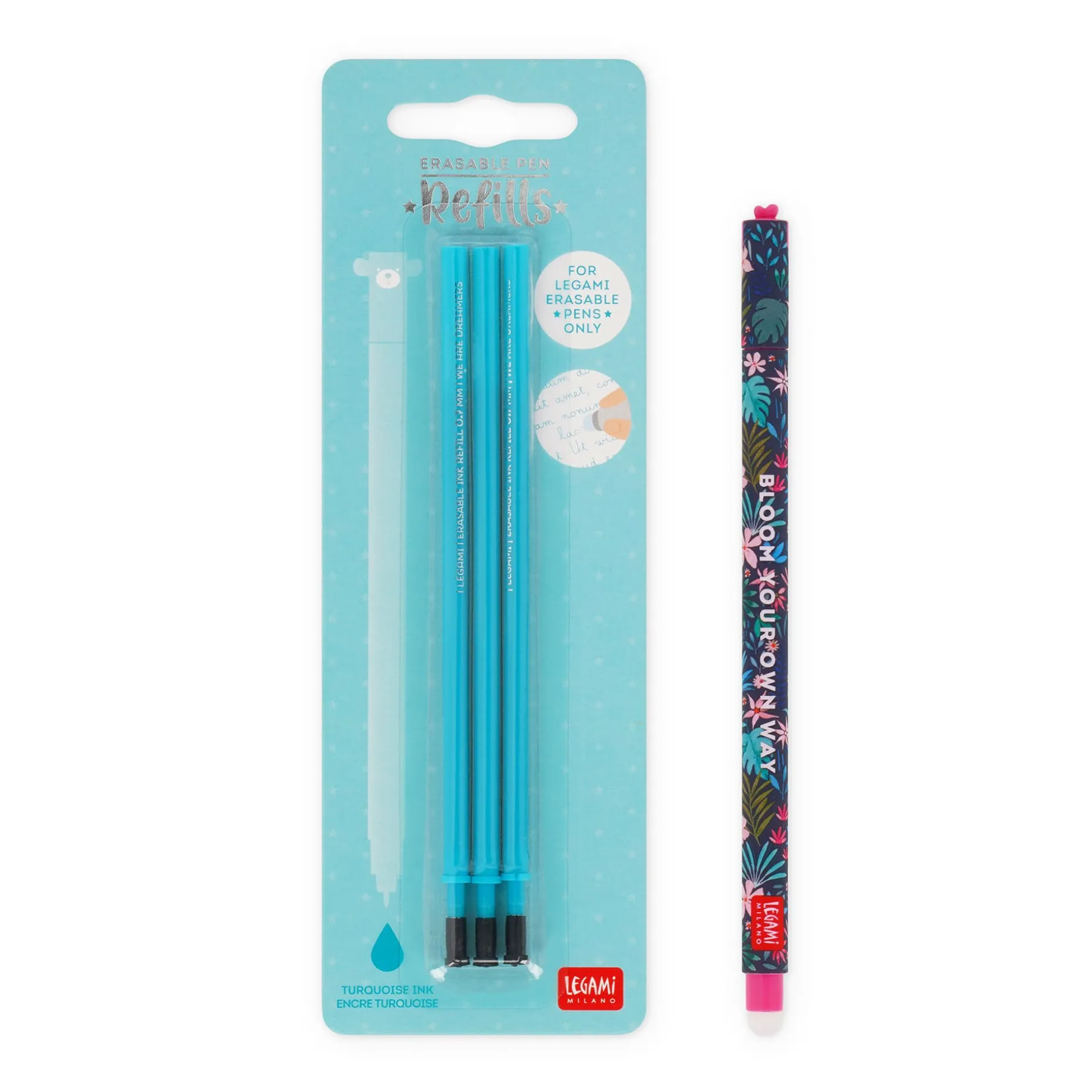 Set Stylo effaçable Flora et recharge turquoise