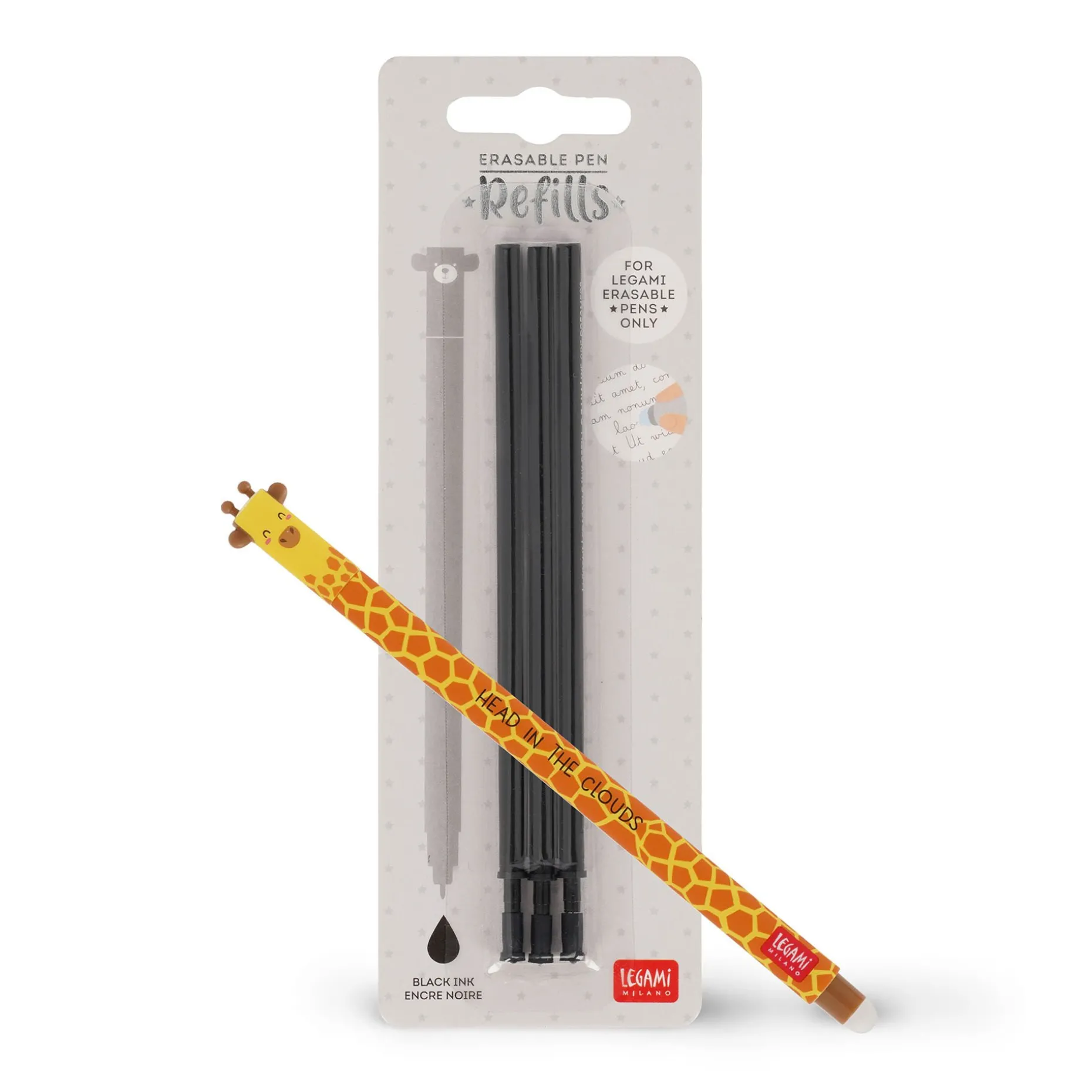 Set Stylo effaçable Giraffe et recharge noire