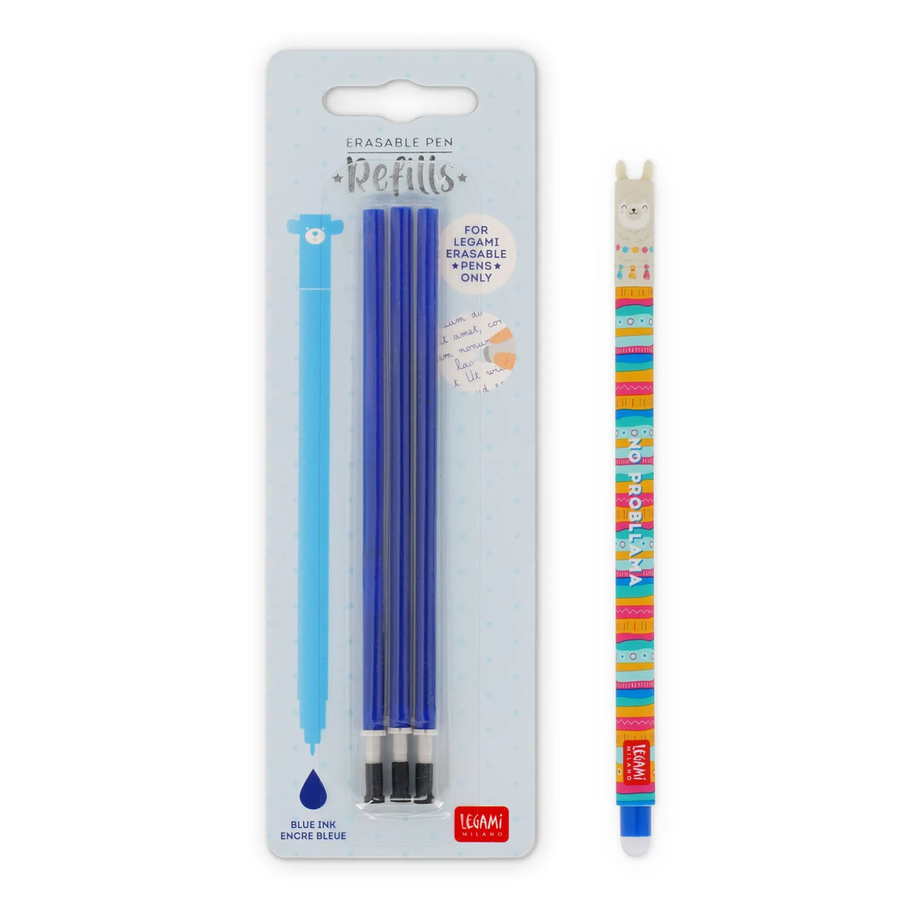 Set Stylo effaçable Llama et recharge bleue