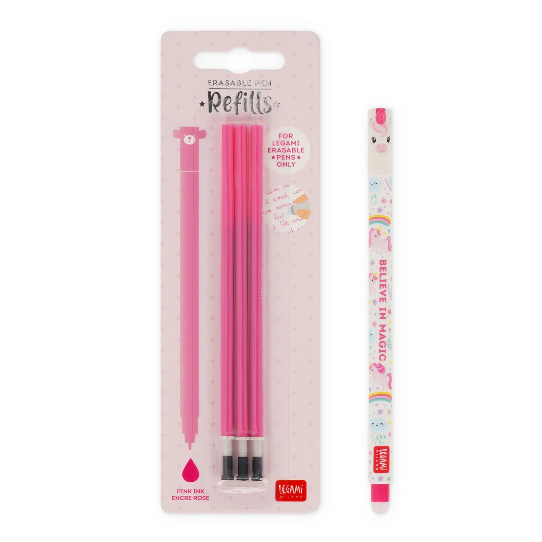 Set Stylo effaçable Unicorn et recharge rose