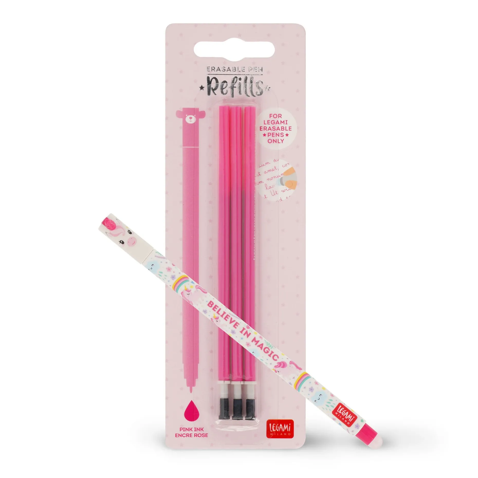 Set Stylo effaçable Unicorn et recharge rose